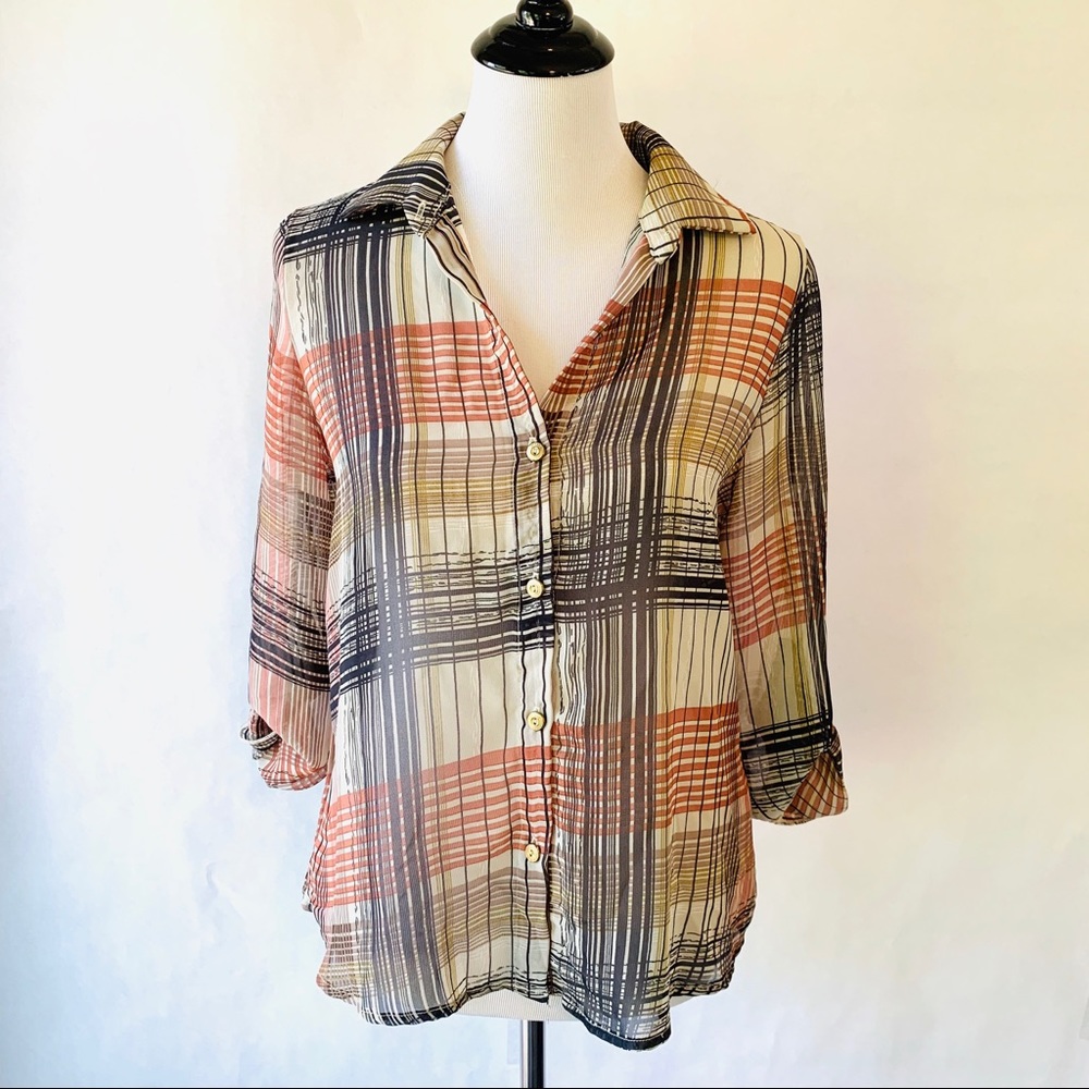 Lovely Sheer Brown Tan Button Blouse Lg